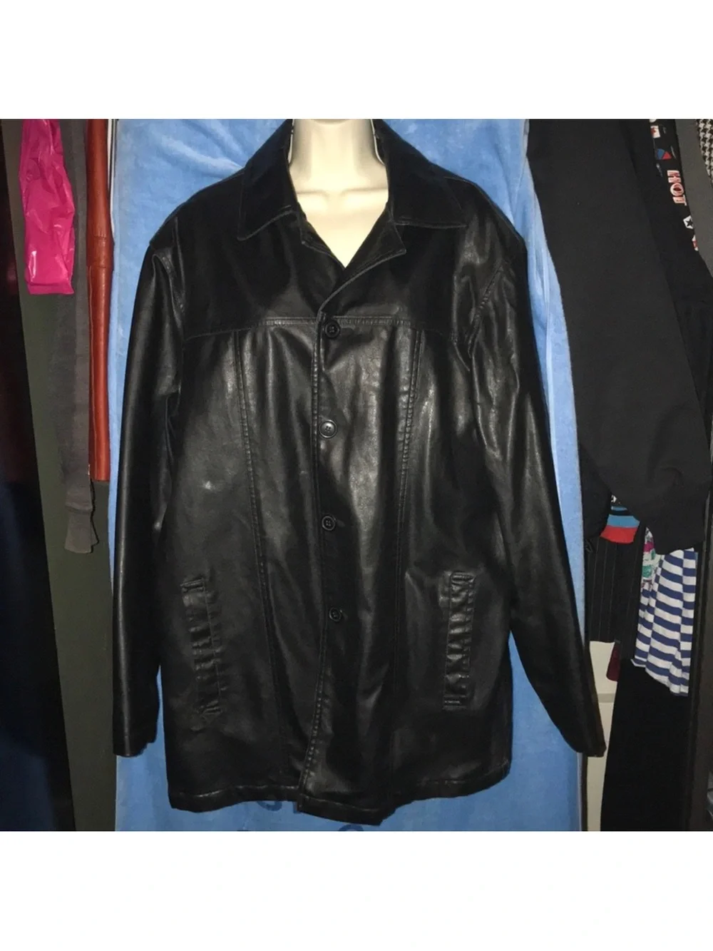 Simon Clark London large Black Button-Front Coat damaged around collar